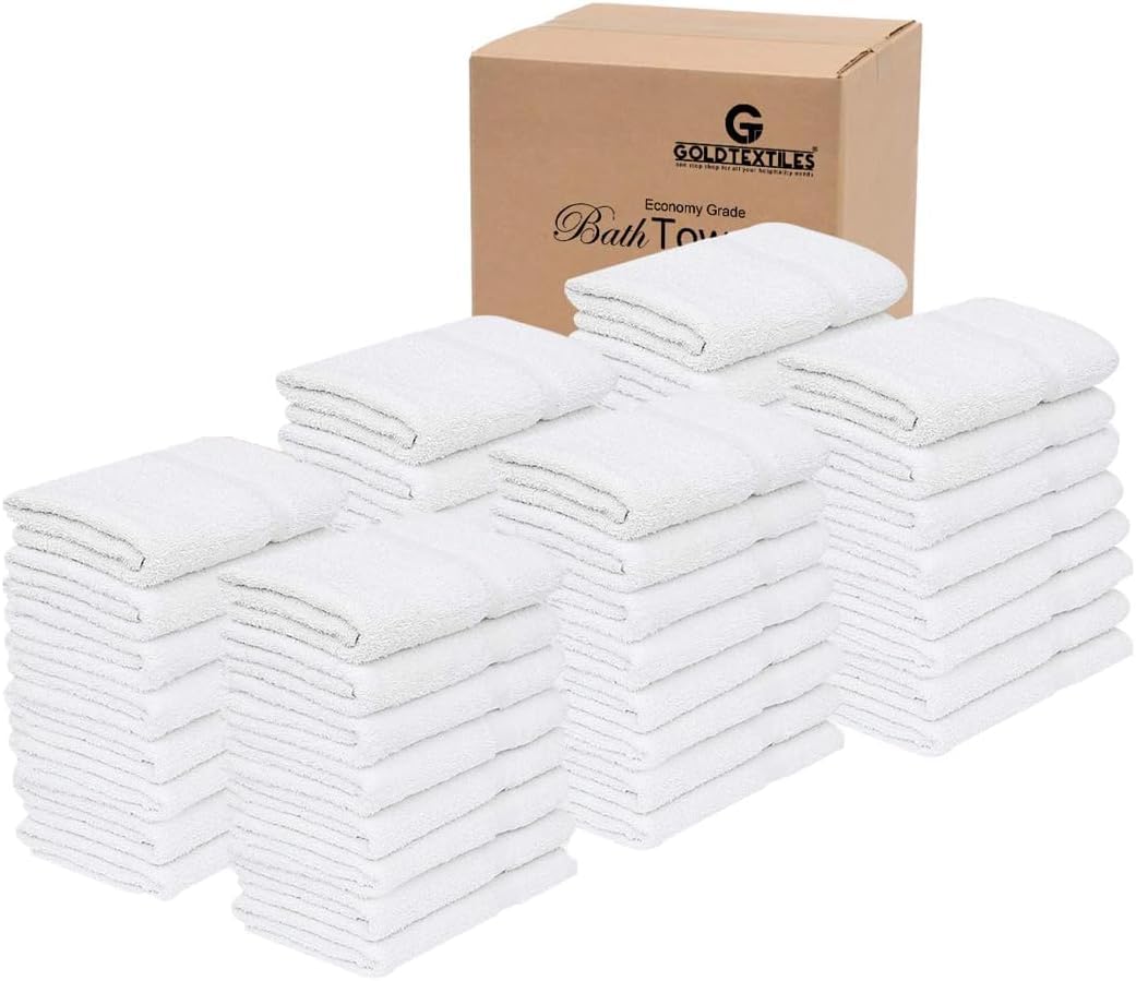 GOLD TEXTILES Bulk Bath Towels White 12 Pack (22x44 Inches) Economy Light Weight Easycare