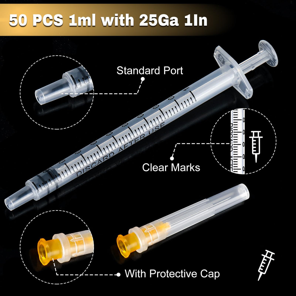 50 Pack 23 Ga 1 inch Luer Lock for Scientific Labs-3ML