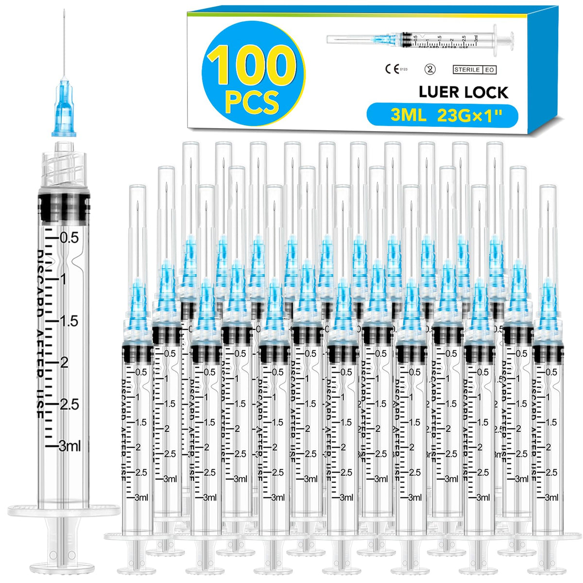 50 Pack 23 Ga 1 inch Luer Lock for Scientific Labs-3ML