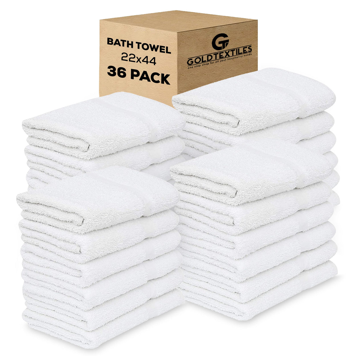 GOLD TEXTILES Bulk Bath Towels White 12 Pack (22x44 Inches) Economy Light Weight Easycare