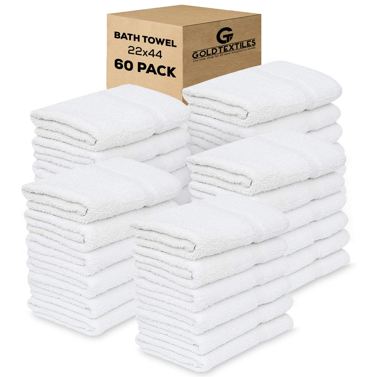 GOLD TEXTILES Bulk Bath Towels White 12 Pack (22x44 Inches) Economy Light Weight Easycare